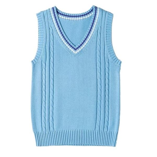 年間使いやすい綿100%ライン入りケーブル編み学生制服Vネックニットスクールベスト９ゲージ |  | 03