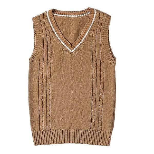 年間使いやすい綿100%ライン入りケーブル編み学生制服Vネックニットスクールベスト９ゲージ |  | 02