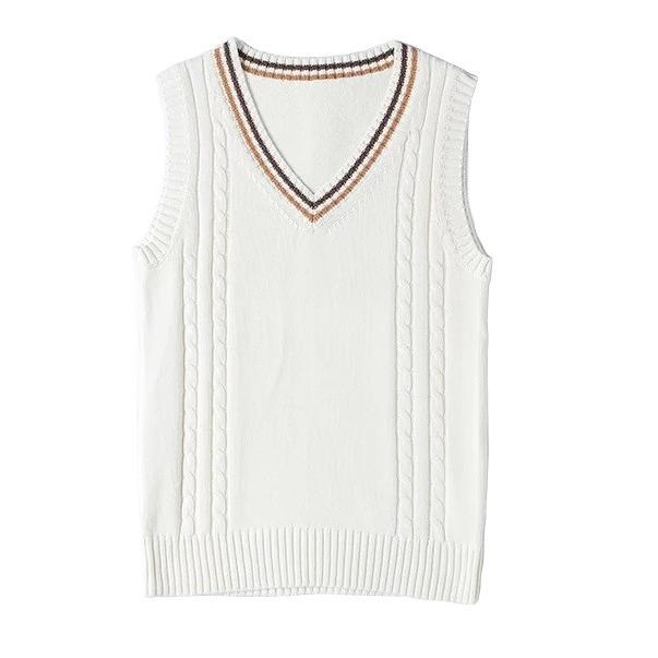 年間使いやすい綿100%ライン入りケーブル編み学生制服Vネックニットスクールベスト９ゲージ |  | 06