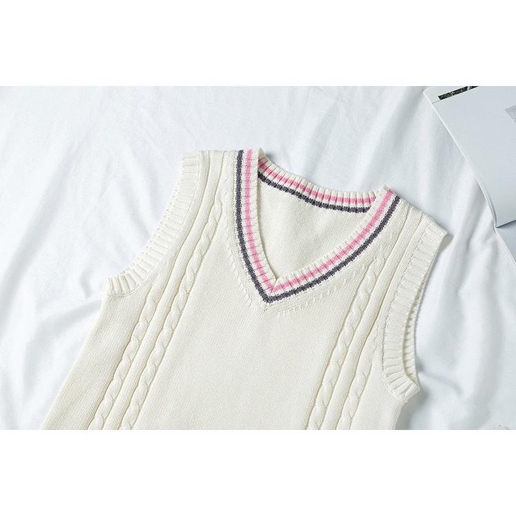 年間使いやすい綿100%ライン入りケーブル編み学生制服Vネックニットスクールベスト９ゲージ |  | 07