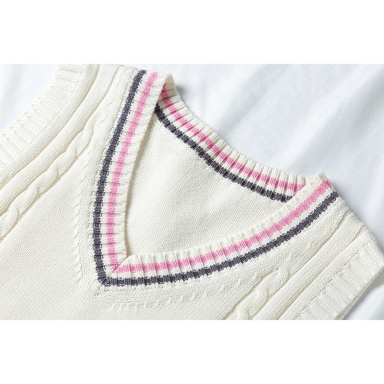 年間使いやすい綿100%ライン入りケーブル編み学生制服Vネックニットスクールベスト９ゲージ |  | 08