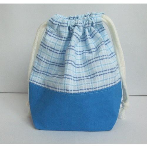 コップ袋にも使える両引き巾着【水色のチェック×コバルトブルー】 | 