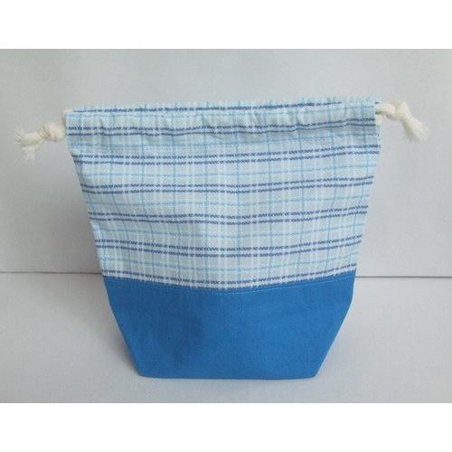 コップ袋にも使える両引き巾着【水色のチェック×コバルトブルー】 |  | 01