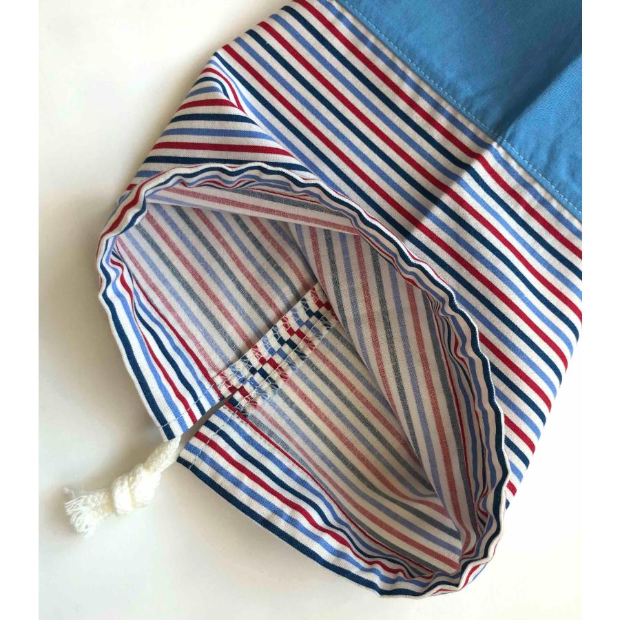 片引き巾着袋23.5×18綿【水色×トリコロールのボーダー】 給食袋用 |  | 04