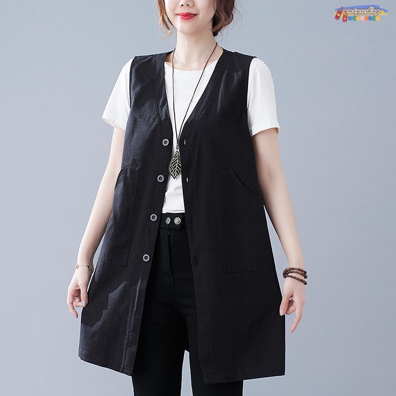 ロングベスト ジレ レディース 春夏 リネン Vネック トップス 