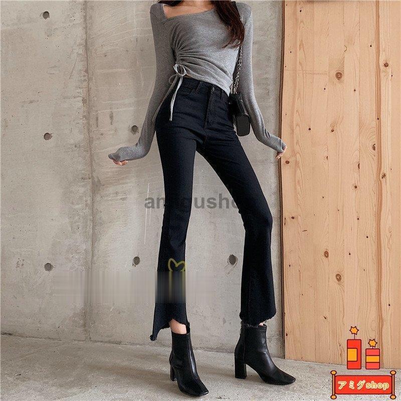 フレアパンツ デニム レディース ボトムス ジーンズ スキニー ブーツカット おしゃれ スリム 韓国ファッション レトロ風 ハイウエスト 通勤通学 着痩せ 着回し Hl0223 Oo246 アミグshop 通販 Yahoo ショッピング