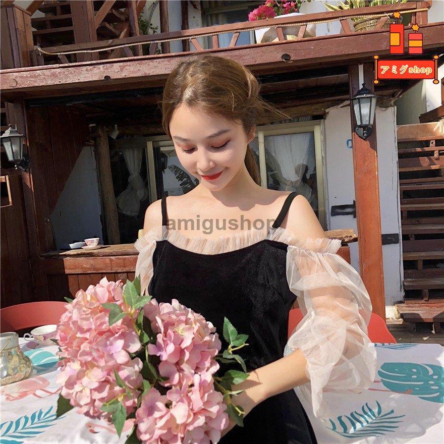 ワンピース オフショルダー 長袖 シースルー バイカラー フェミニン