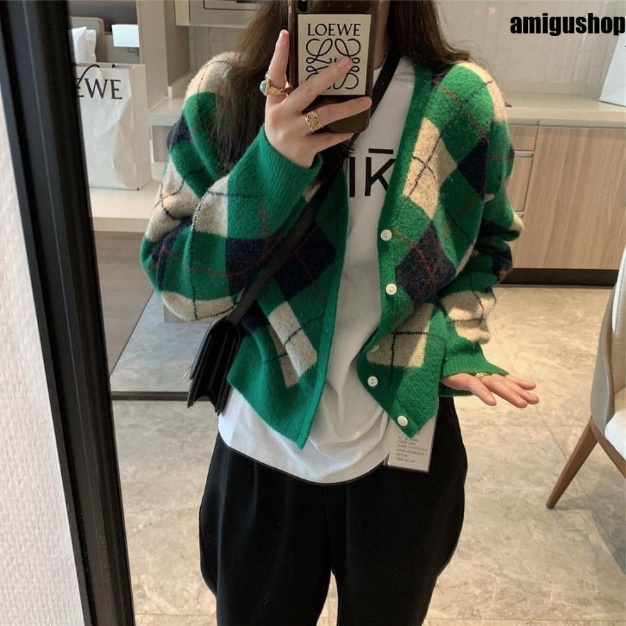アーガイル柄 レディース トップス ニット カーディガン 長袖 萌袖 Vネック 襟なし ストレート 前開き 厚手 かわいい 大人可愛い シンプル カジュアル おしゃれ カーディガン レディース 女性用 トップス 長袖 ニット Vネック