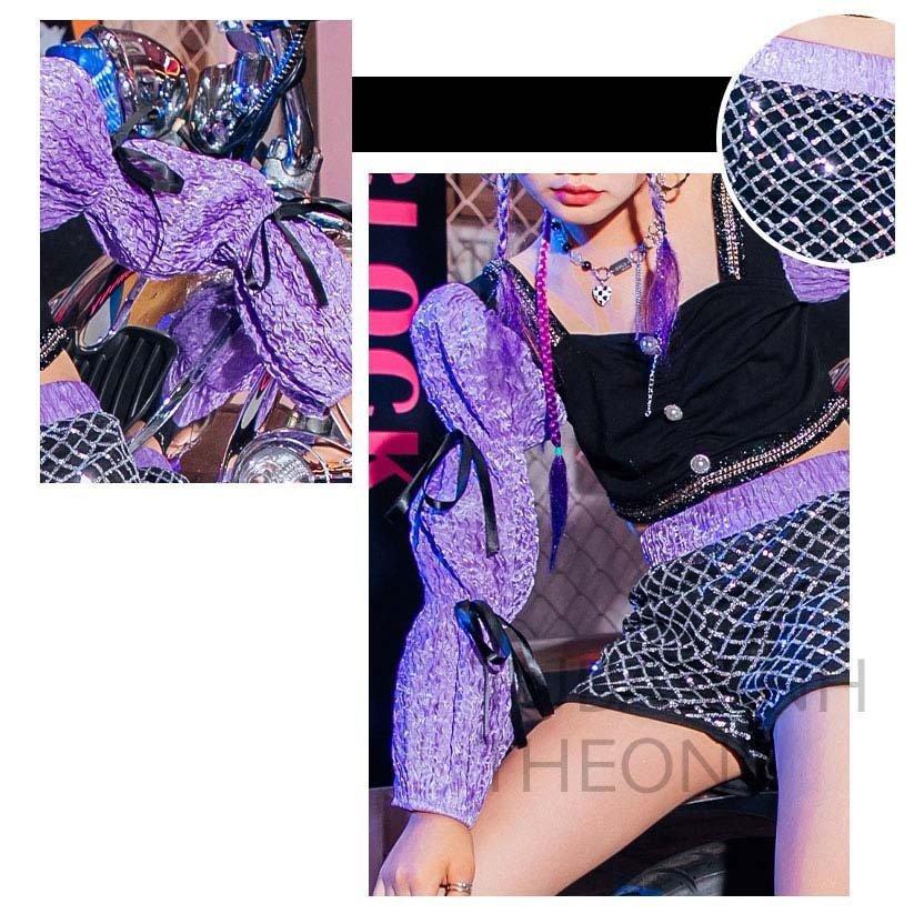 キッズ ダンス衣装 ガールズ ヒップホップ ジャズダンス 韓国 チアガール 応援団 黒 紫 花の袖 ラティス ショーツ セット アップチア へそ出し｜amika-st｜11