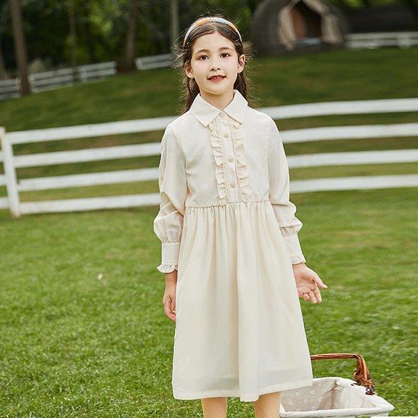ワンピース キッズ 長袖ワンピース 子供服 女の子 春 秋 シャツワンピース シフォン 子供ドレス ジュニア チュニック フレア おしゃれ 可愛い カジュアル 新品 | ブランド登録なし