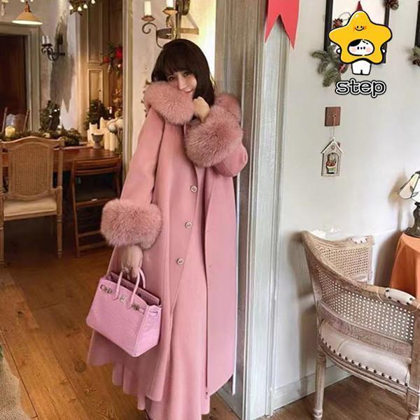 レディース ロングコート 羊毛 フォックスファー カシミヤ混ウール 