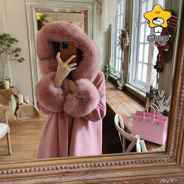 レディース ロングコート 羊毛 フォックスファー カシミヤ混ウール 