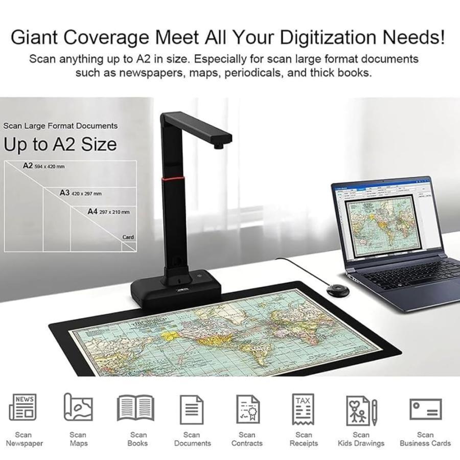 大判ブックスキャナー、A2 オーバーヘッドスキャナー、27MP 自動平坦化および指紋除去テクノロジー、高さ調整可能、大型ドキュメントおよび書籍用の画像