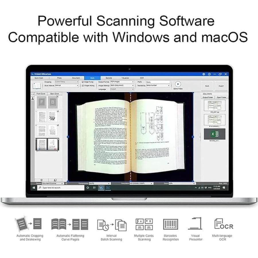 大判ブックスキャナー、A2 オーバーヘッドスキャナー、27MP 自動平坦化および指紋除去テクノロジー、高さ調整可能、大型ドキュメントおよび書籍用の画像