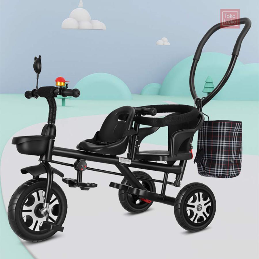 二人乗り 三輪車 ベビーカー 双子用 子供用 自転車 補助棒付き 両点シートベルト付き 物置くカゴ付き 補助棒取り外す可能 誕生日 プレゼント アウトドア 室内兼の画像