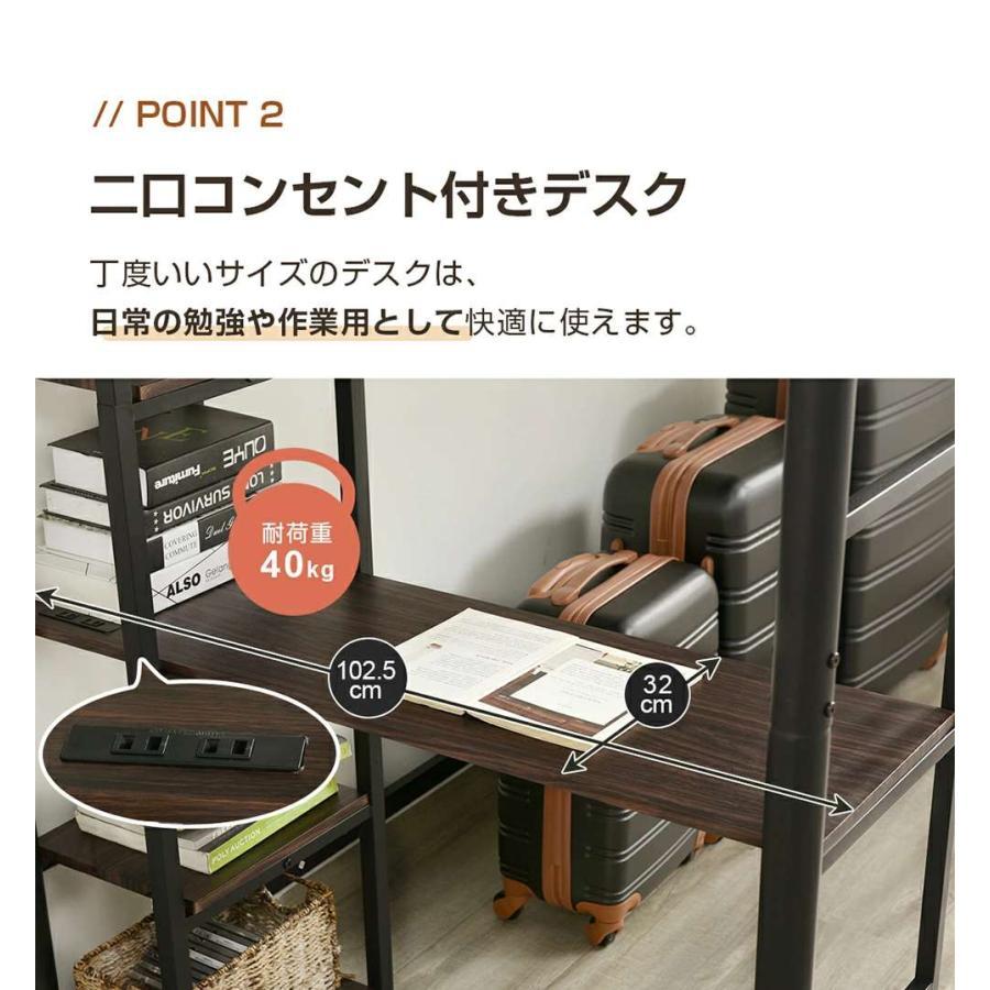 ロフトベッド パイプベッド シングル 木 デスク付き コンセント付き 耐荷重150kgの画像