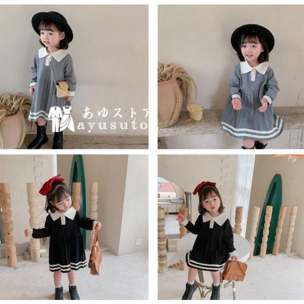 ニットワンピース ポロ襟 長袖 ライン入りワンピース 上品 きちんと感 子供服 キッズ 子ども 祝い 赤ちゃん 誕生日 服 1歳 2歳 3歳 4歳 90-130 グレー ブラック｜amistad-2｜11