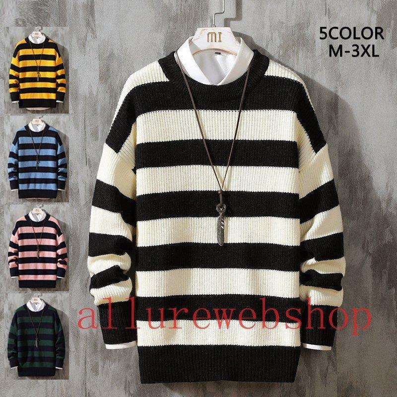 おしゃれ 冬服 Xl メンズ 冬 L セーター 長袖ニット ニット 長袖 M 冬物 丸ネック ニットセーター ストライプ トップス
