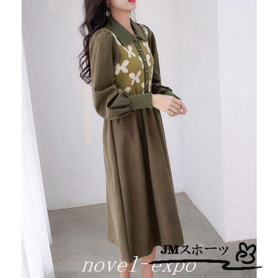 ワンピース 秋 冬 花柄 ニットワンピース 秋冬 長袖 フレア ロング丈 ワンピース ワンピ 大きいサイズ おしゃれ 着やせ ニット切り替え あったか Aライン 新品本物