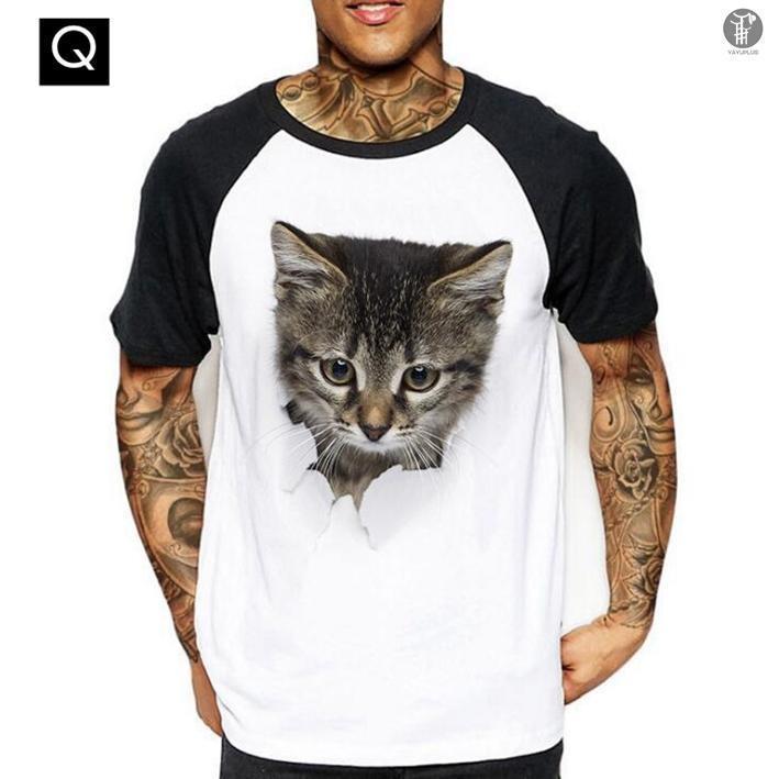Tシャツ イラスト メンズ 3D 猫 可愛い ラグランTシャツ 半袖 男女兼用 薄手 ねこ 配色 面白 おもしろ トリックアート 代引不可｜amistad-3｜02