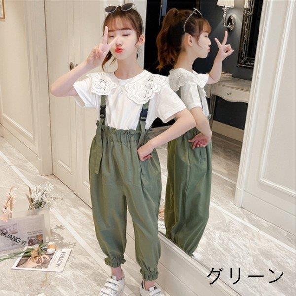 日本全国送料無料 韓国子供服 セットアップ 女の子 新作 夏服 白いTシャツ オーバーオール 2点!オーバーオール半袖Tシャツ