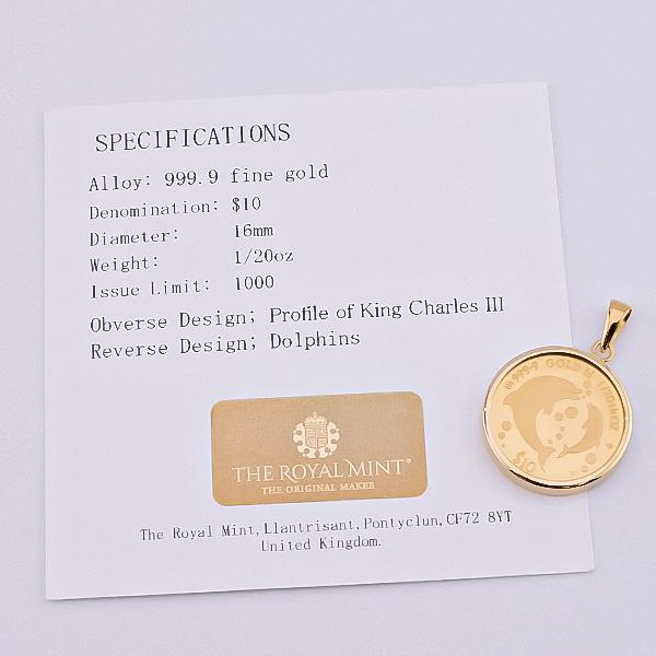 新品未使用9KGOLD金ドルフィンテイルイルカペンダントチャームペンダントトップ 純金 1/30オンス Dolphin イルカ 親子 コイン 金貨 ペンダント