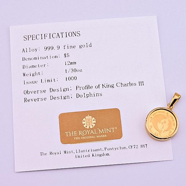 純金 1/30オンス Dolphin イルカ 親子 コイン 金貨 ペンダントトップ