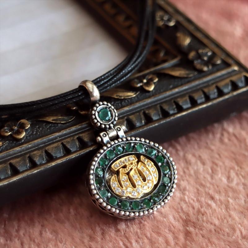 シルバーペンダントヘッド オスマントルコ アンティークデザイン カリグラフィ/グリーンジェイド | 