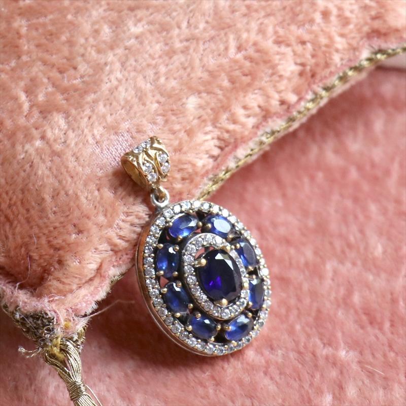 シルバーペンダントトップ【チェーン別売り】オスマントルコ・アンティークデザイン サファイアブルーオーバル |  | 01