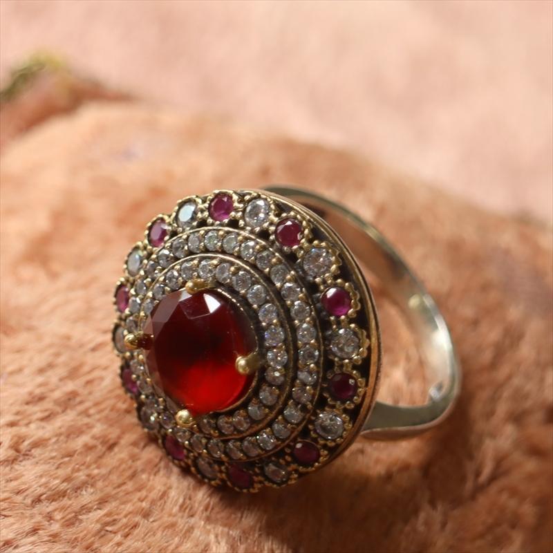 シルバーリング 13号　オスマントルコ・アンティークデザイン/ルビーレッドラウンドリング Ottoman design Sterling silver ring |  | 01