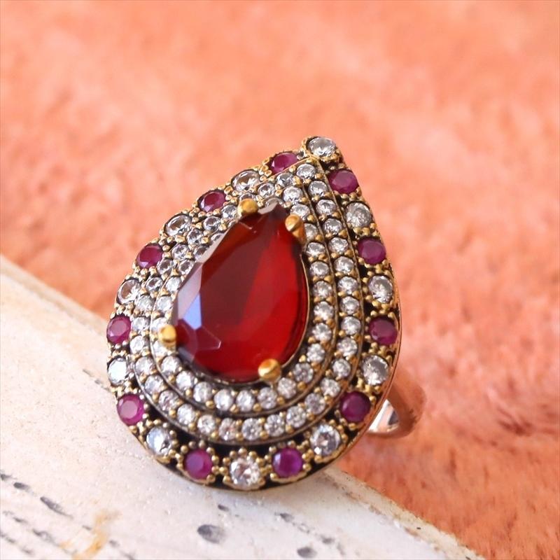 シルバーリング 17号　オスマントルコ・アンティークデザイン/ルビーレッドドロップリング Ottoman design Sterling silver ring | 