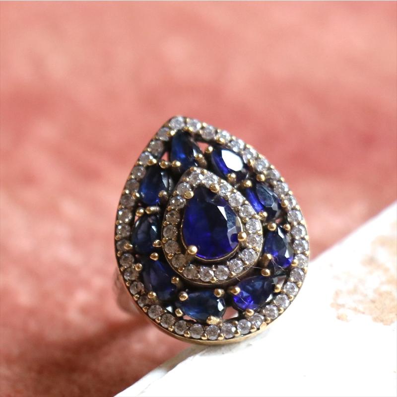 シルバーリング 15号　オスマントルコ・アンティークデザイン/サファイアブルードロップリング Ottoman design Sterling silver ring | 