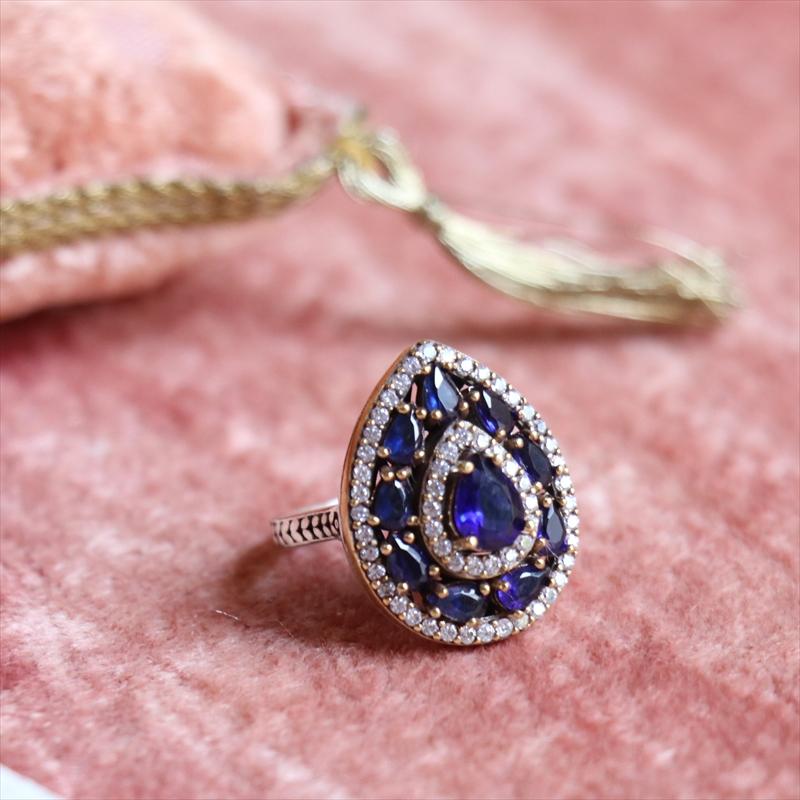 シルバーリング 15号　オスマントルコ・アンティークデザイン/サファイアブルードロップリング Ottoman design Sterling silver ring |  | 01