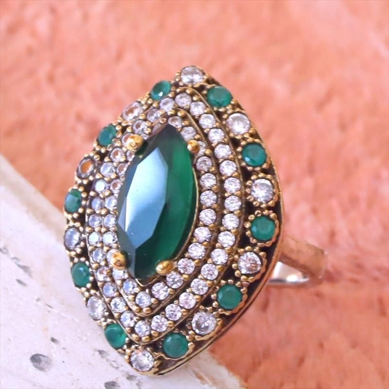 シルバーリング 17号　オスマントルコ・アンティークデザイン/ジェイドグリーンアーモンド型リング Ottoman design Sterling silver ring | 