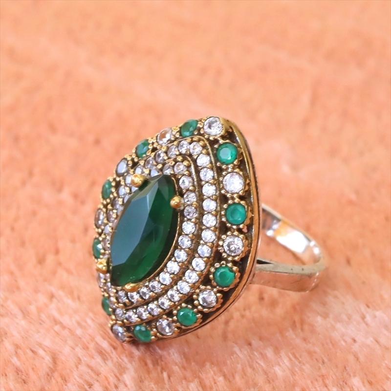 シルバーリング 17号　オスマントルコ・アンティークデザイン/ジェイドグリーンアーモンド型リング Ottoman design Sterling silver ring |  | 01
