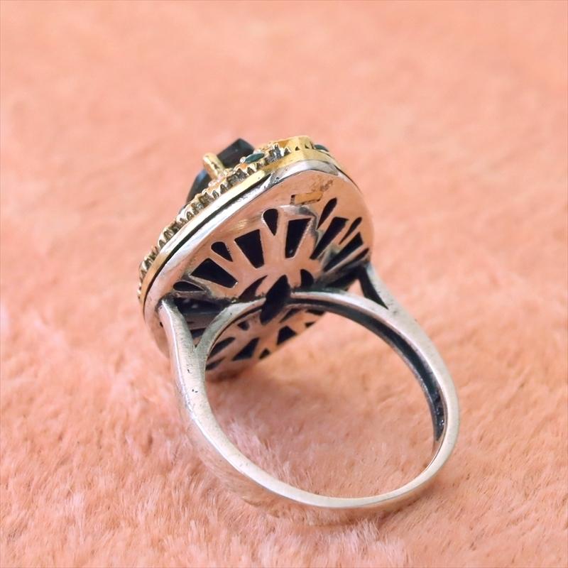 シルバーリング 17号　オスマントルコ・アンティークデザイン/ジェイドグリーンアーモンド型リング Ottoman design Sterling silver ring |  | 02