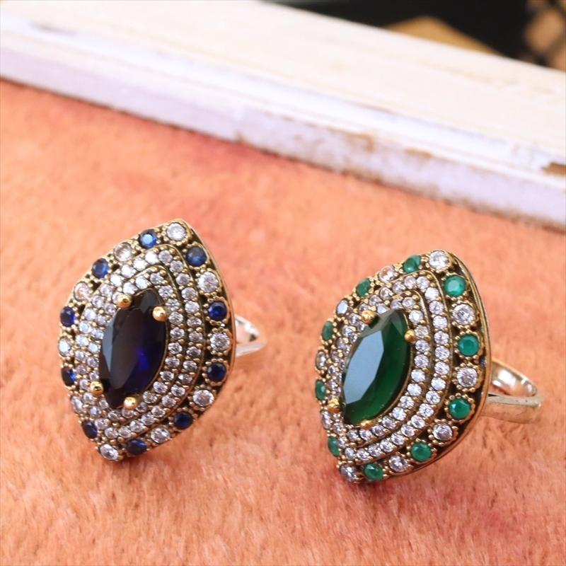シルバーリング 17号　オスマントルコ・アンティークデザイン/ジェイドグリーンアーモンド型リング Ottoman design Sterling silver ring |  | 03