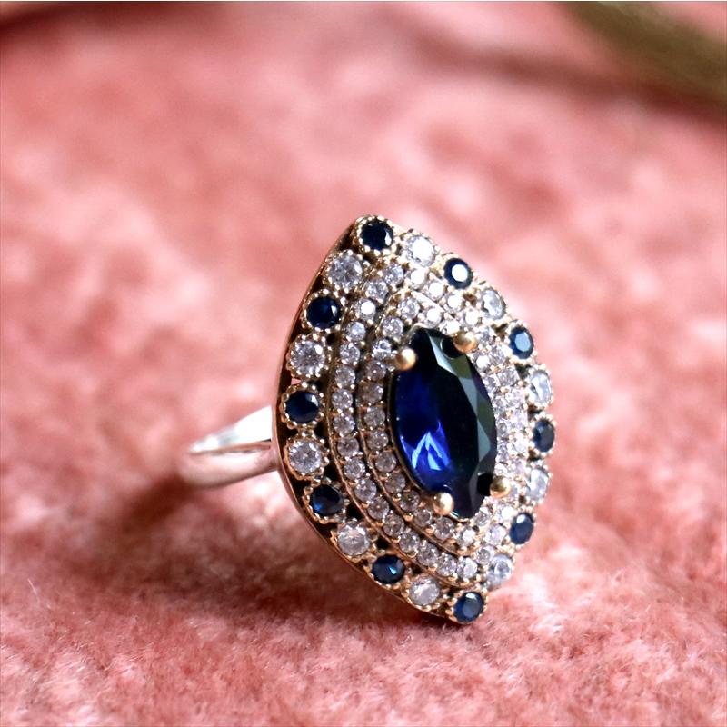 シルバーリング 17号　オスマントルコ・アンティークデザイン/サファイアブルーアーモンド型リング Ottoman design Sterling silver ring | 