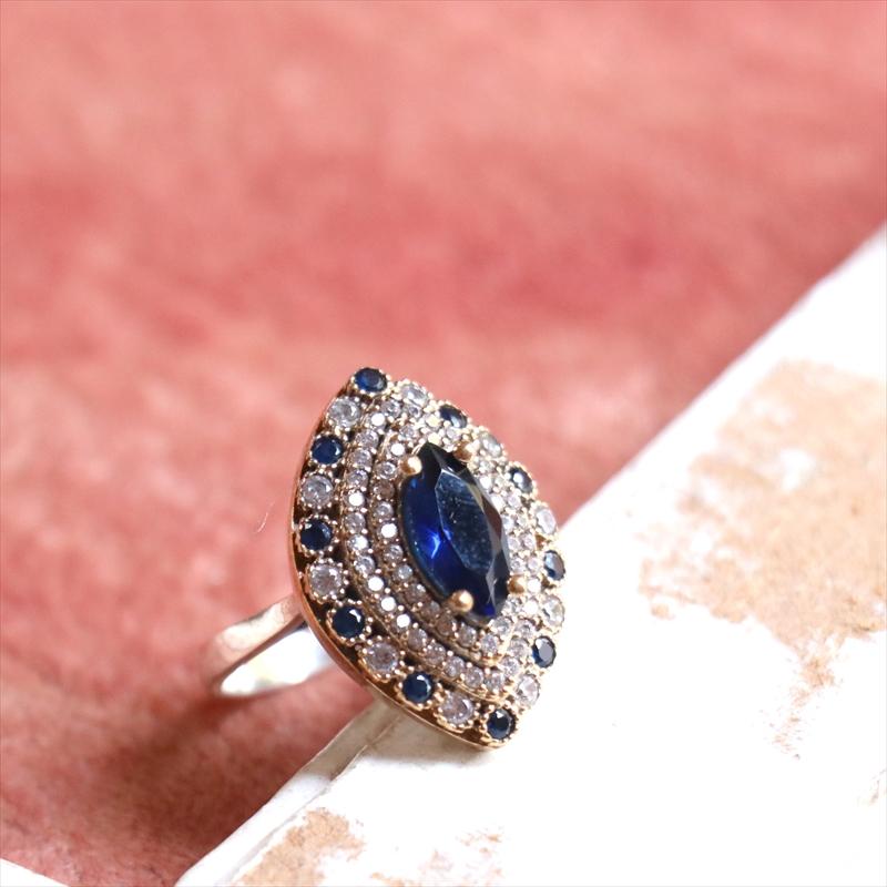シルバーリング 17号　オスマントルコ・アンティークデザイン/サファイアブルーアーモンド型リング Ottoman design Sterling silver ring |  | 01