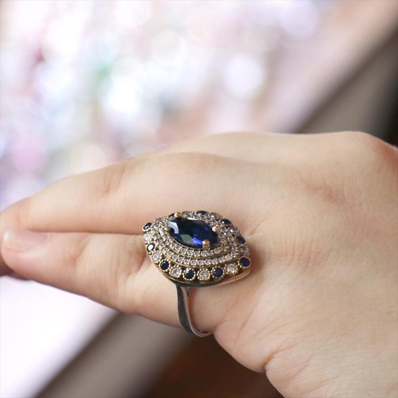 シルバーリング 17号　オスマントルコ・アンティークデザイン/サファイアブルーアーモンド型リング Ottoman design Sterling silver ring |  | 03