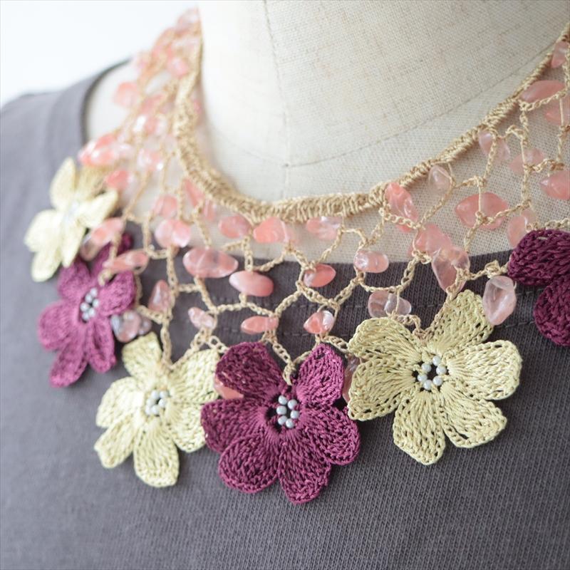 トルコのレース「オヤ」ネックレス　デイジー パープル ペールイエロー |  | 01