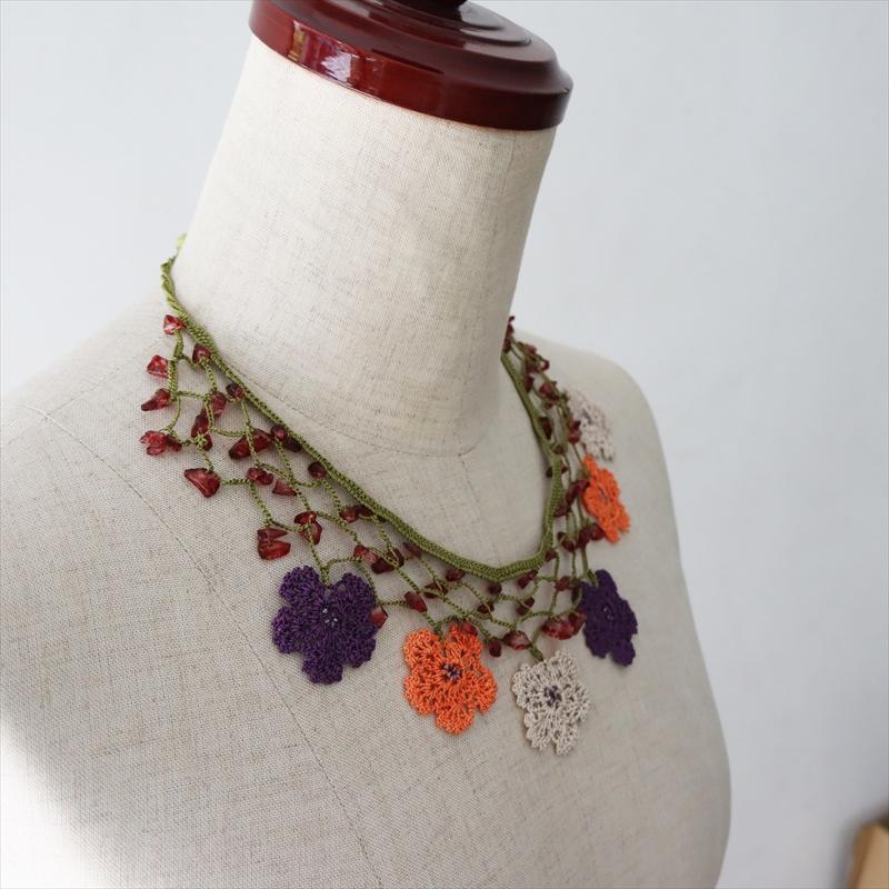 トルコのレース「オヤ」ネックレスかぎ針編みのトゥオヤ  デイジー オレンジ・パープル・アイボリー |  | 01