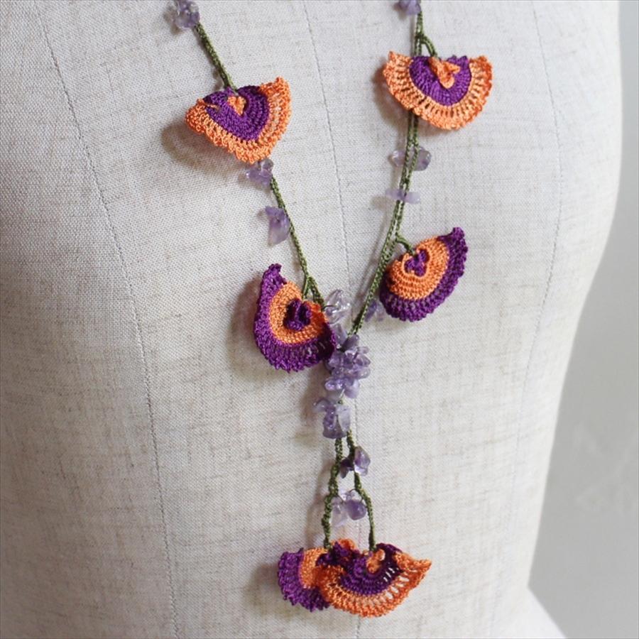 トルコのレース「オヤ」ロングラリエットかぎ針編みのトゥオヤ  パープル/オレンジ |  | 02