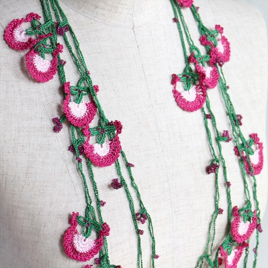 【レターパック利用可】トルコのレース「オヤ」ロングラリエットかぎ針編みのトゥオヤ  ピンク/アイボリー/グリーン |  | 01