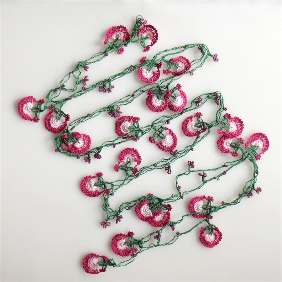 【レターパック利用可】トルコのレース「オヤ」ロングラリエットかぎ針編みのトゥオヤ  ピンク/アイボリー/グリーン |  | 02