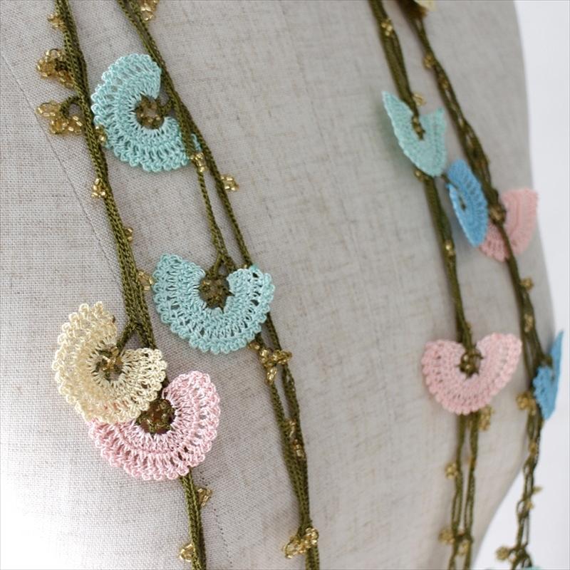 【レターパック利用可】トルコのレース「オヤ」ロングラリエットかぎ針編みのトゥオヤ  ライトグリーン/ライトブルー/ライトイエロー/ピンク |  | 01