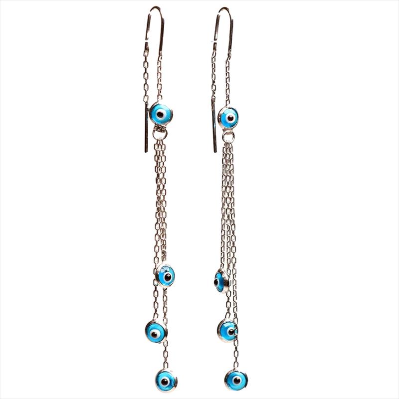 ナザルボンジュウ＆シルバーチェーン スウィングピアス ピアス アメリカンピアス チェーンピアス ロングピアス カラービーズ スカイブルー華奢 細め | 