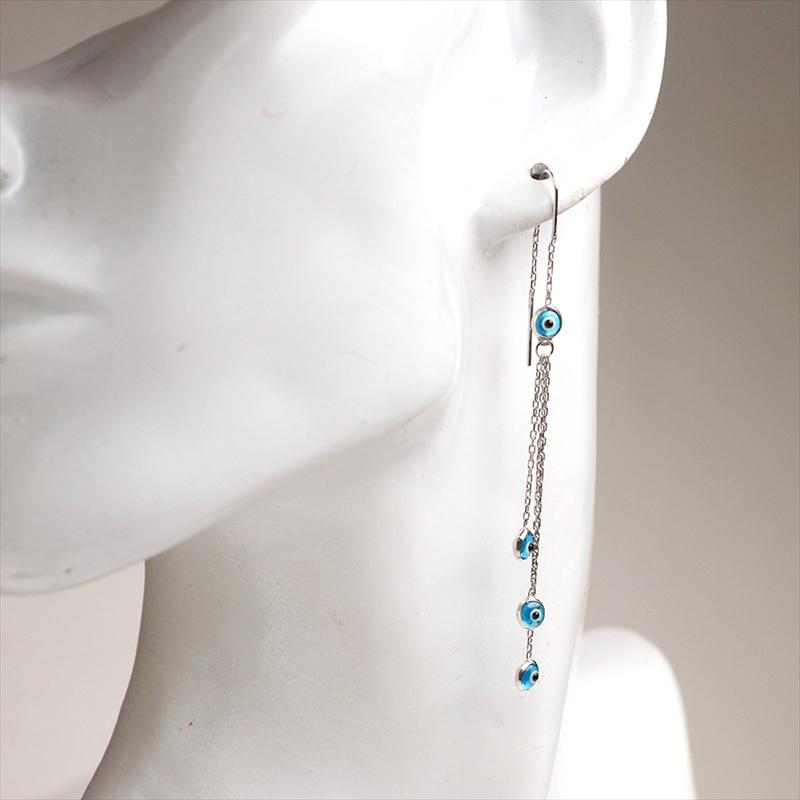 ナザルボンジュウ＆シルバーチェーン スウィングピアス ピアス アメリカンピアス チェーンピアス ロングピアス カラービーズ スカイブルー華奢 細め |  | 02