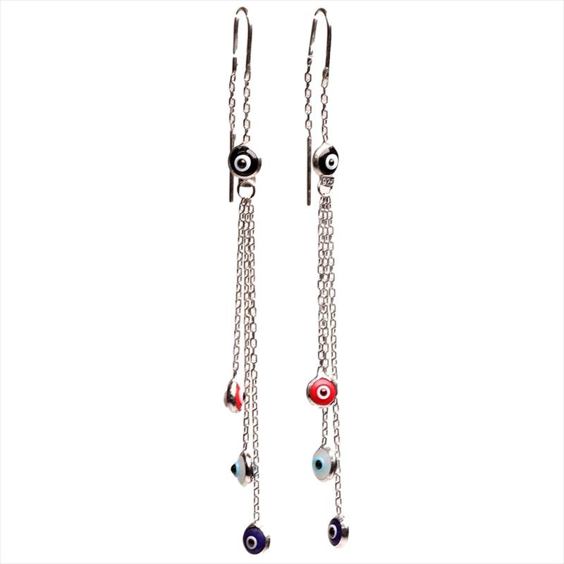 ナザルボンジュウ＆シルバーチェーン スウィングピアス ピアス アメリカンピアス チェーンピアス ロングピアス カラービーズ マルチカラー華奢 細め | 