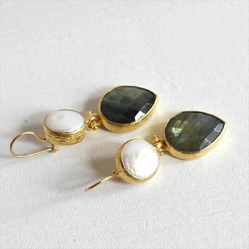アルサメイア・ゴールドプレートピアス トルコジュエリー パール＆ラブラドライトピアス ペアシェイプ |  | 03